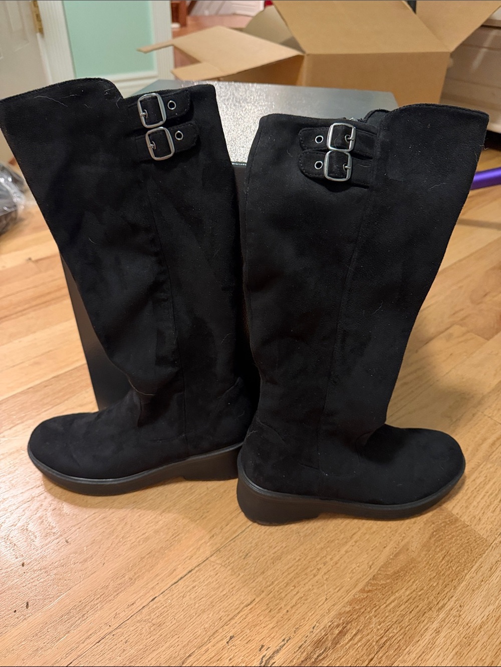 Bzees Tall Black Suede-Look Over-the-Knee Boots with Buckle Detail